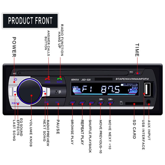 JSD-520 Car Stereo Radio MP3 Audio Player Support Bluetooth Hand-free Calling / FM / USB / SD, EU Plug Version, JSD-520, EU Plug Version