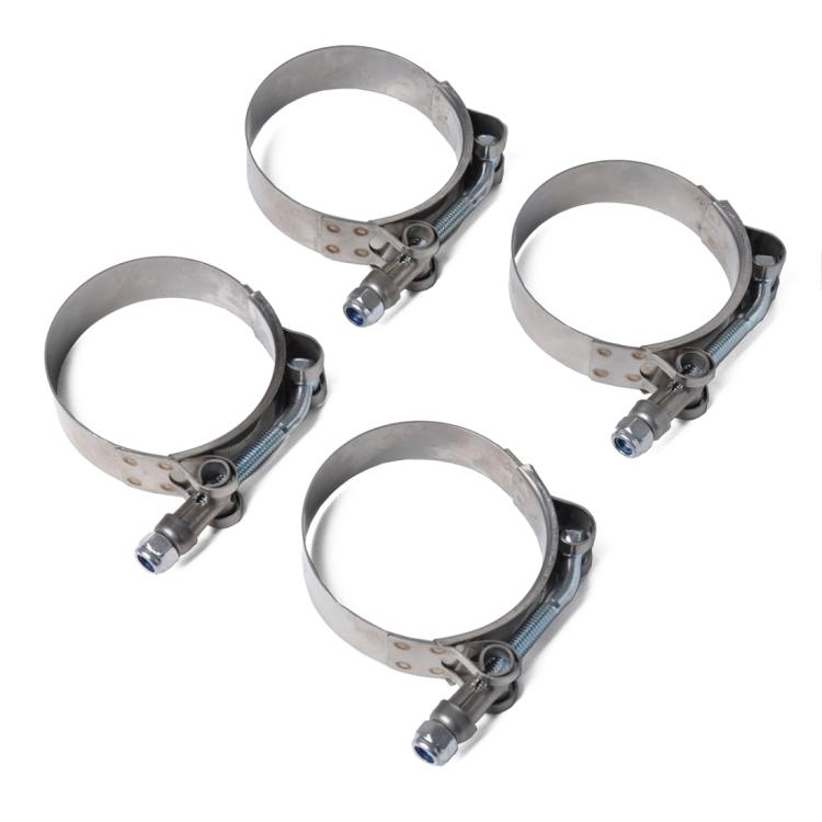 4-pack stainless steel T-bolt hose clamps, 80-88mm, with bolts and bands