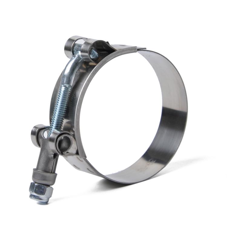 Stainless steel T-bolt hose clamp, 80-88mm, with black rubber seal and bolt