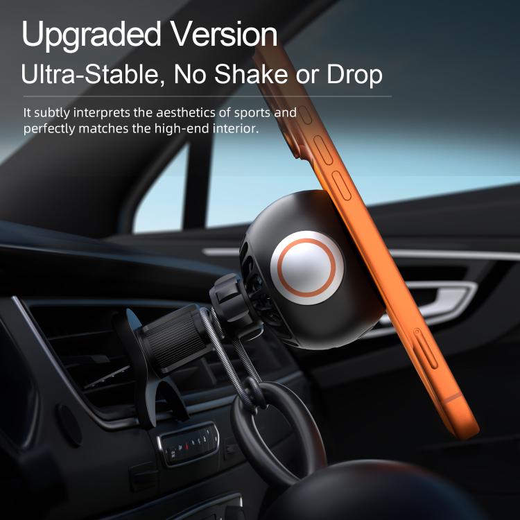 Car phone holder cooling fan with black base and orange handle, mounted on vent