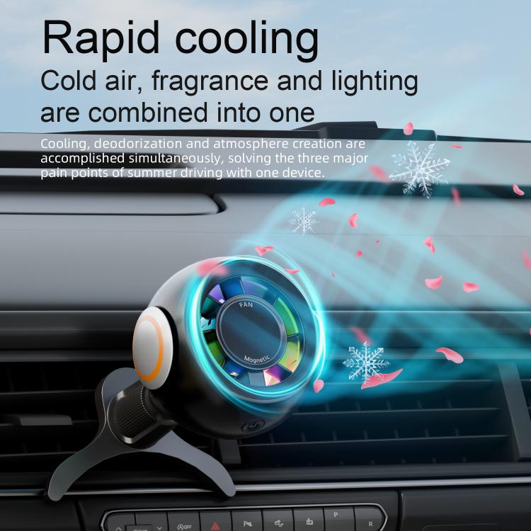 Car cooling phone fan attached to air vent with bright blue airflow light effect