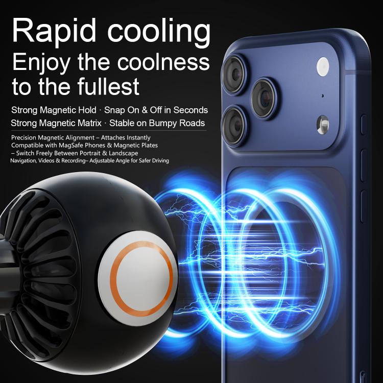 Magnetic car phone holder with black cooling fan and blue light ring