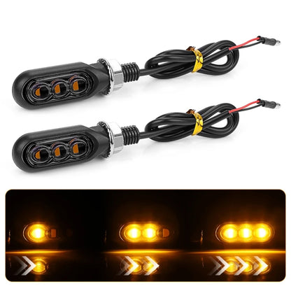 Pair of black mini motorcycle water turn signal lights with 3 LEDs and wiring harness