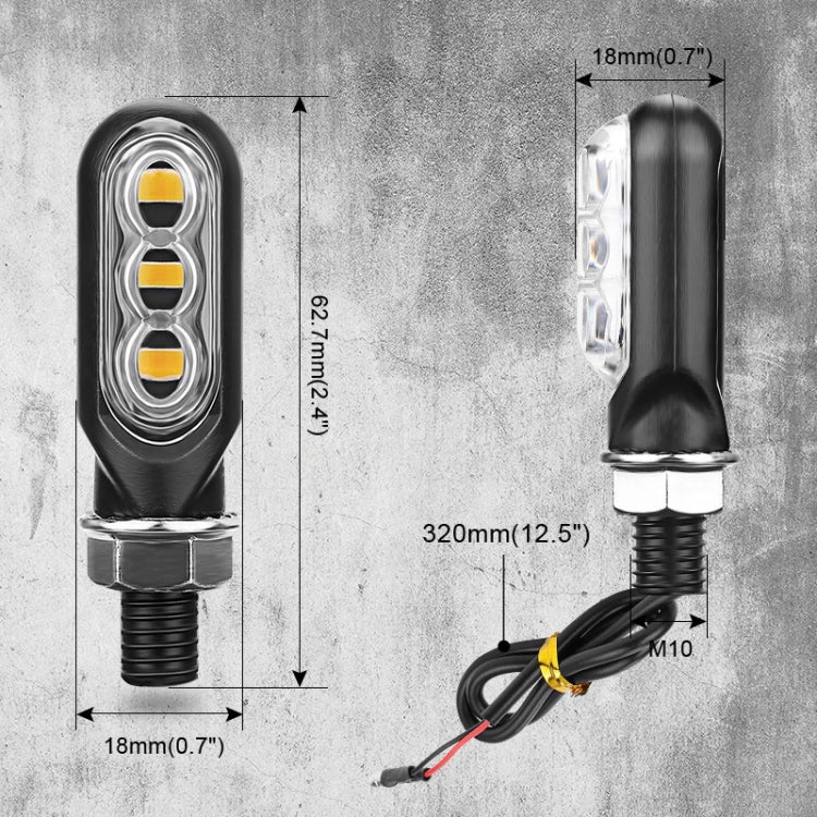 Compact mini motorcycle LED turn signal light with 3 LEDs, cables, and size measurements