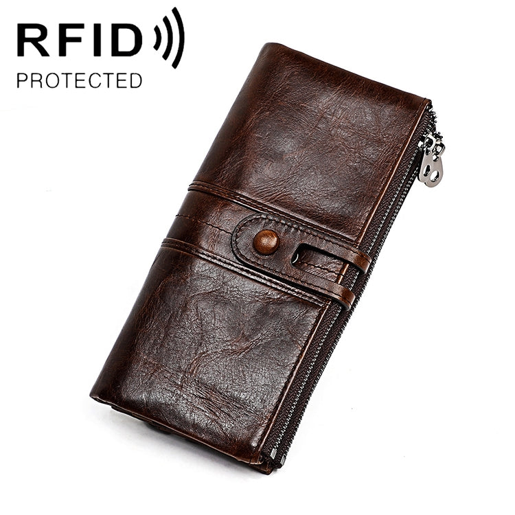 Dark brown leather folding RFID wallet with snap clasp and card slots