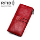 Red leather folding RFID wallet with snap clasp and card slots