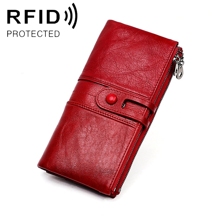Red leather folding RFID wallet with snap clasp and card slots