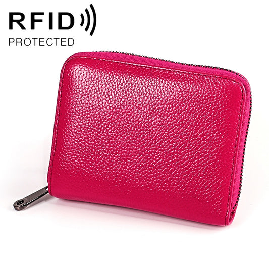 KB195 Zipper Cowhide Leather Double Row Organ Shape Multiple Card Slots Anti-magnetic RFID Wallet Clutch Bag for Ladies, KB195 Rose Red, KB195 Black, KB195 Coffee, KB195 Pink, KB195 Purple