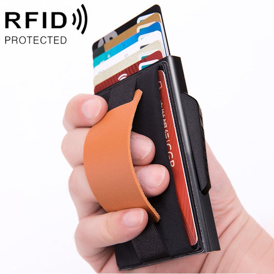 X-32C Automatically Pop-up Card Type Anti-magnetic RFID Anti-theft Men Aluminum Alloy B Dial Button Elastic Bag Wallet with PU Leather Strap, X-32C B Dial Button Black, X-32C B Dial Button Grey, X-32C B Dial Button Gold, X-32C B Dial Button Blue       ...