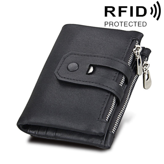 Black crazy horse leather 3-fold card holder wallet with dual zippers and card strap