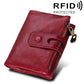 Red crazy horse leather 3-fold card holder wallet with dual zipper and snap strap