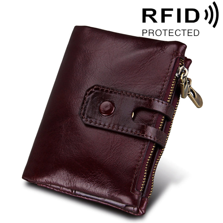 Crazy horse leather 3-fold wallet in burgundy, zipper, card slots, snap coin pocket, RFID-blocking