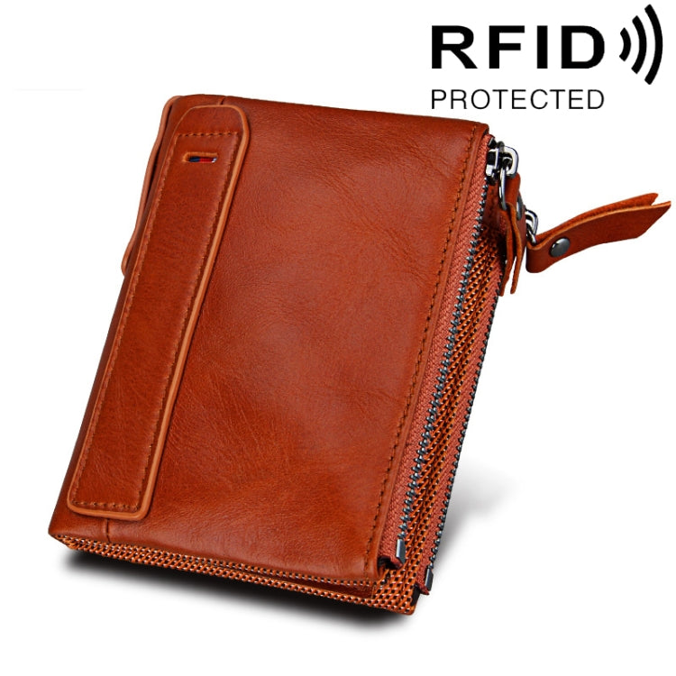 Brown leather dual-zip card holder wallet with front card slot and wrist strap