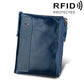 Blue leather dual-zip card holder wallet with front card slot and wrist strap