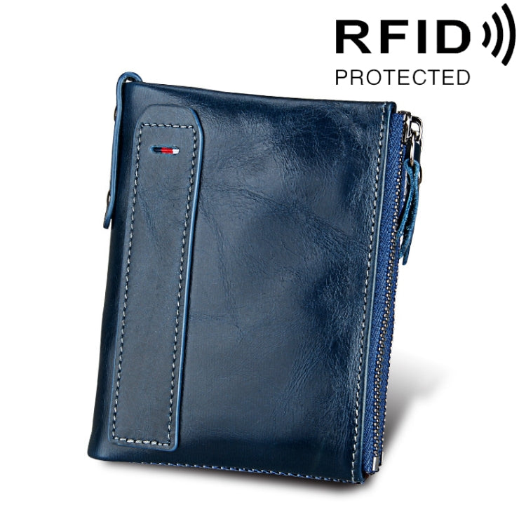 Blue leather dual-zip card holder wallet with front card slot and wrist strap