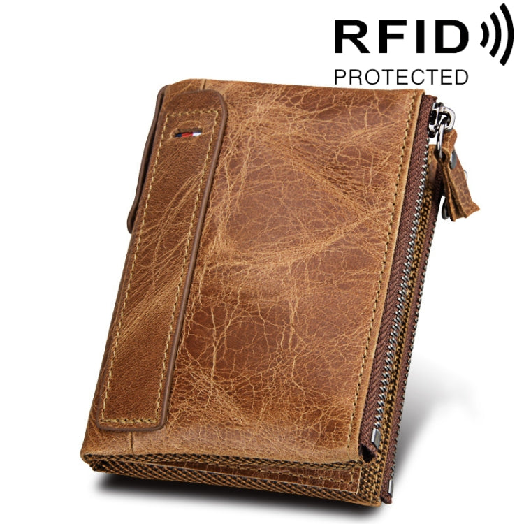 Tan-brown leather dual-zip card holder wallet with front card slot and wrist strap