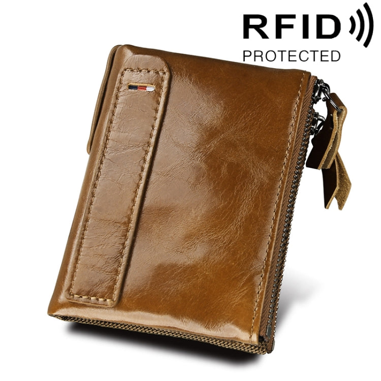 Brown crazy horse leather card holder wallet with dual zippers and front vertical card slot