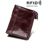 Red-brown crazy horse leather card holder wallet with dual zippers and front card slot