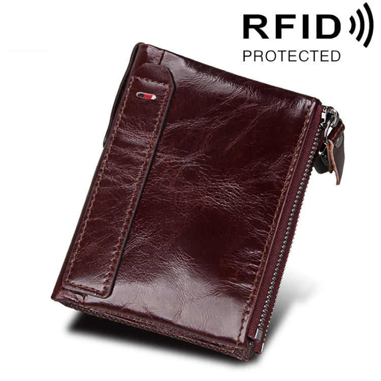 Red-brown crazy horse leather card holder wallet with dual zippers and front card slot