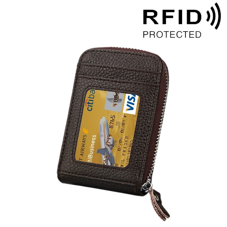 Dark brown genuine cowhide leather vertical card holder wallet with zip and card window