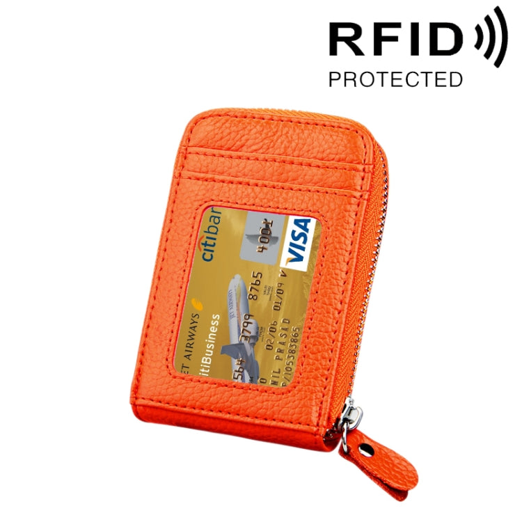 Orange genuine cowhide leather vertical card holder wallet with zip and card window