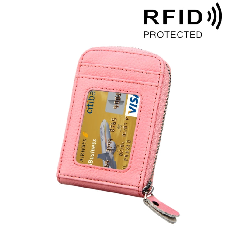 Pink genuine cowhide leather vertical card holder wallet with zip and card window