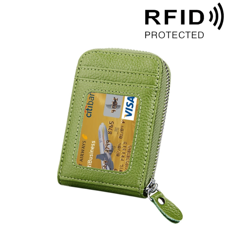 Green genuine cowhide leather vertical card holder wallet with zip and card window