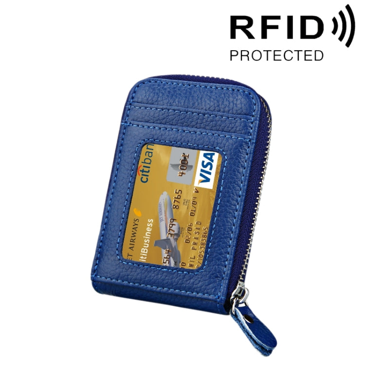 Blue genuine cowhide leather vertical card holder wallet with zip and card window