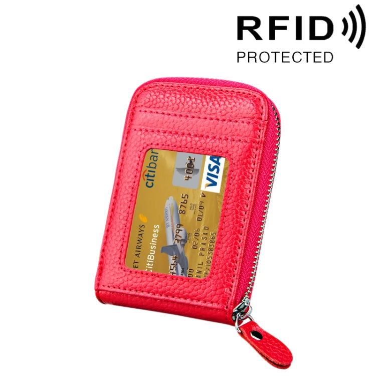Red genuine cowhide leather vertical card holder wallet with zip and card window