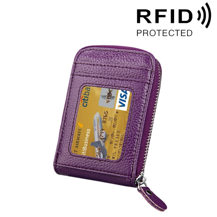 Purple leather card holder wallet with clear card window and metal zipper closure