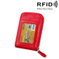 Red leather card holder wallet with clear card window and metal zipper closure