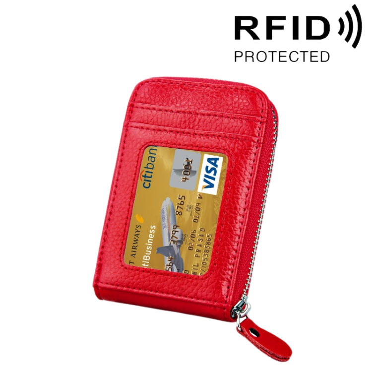 Red leather card holder wallet with clear card window and metal zipper closure
