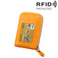 Orange leather card holder wallet with clear card window and metal zipper closure
