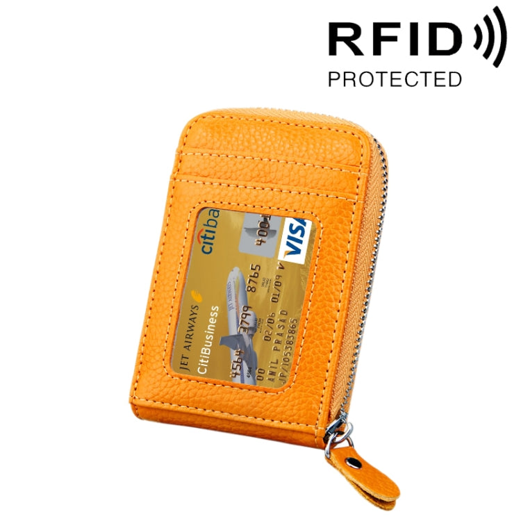 Orange leather card holder wallet with clear card window and metal zipper closure