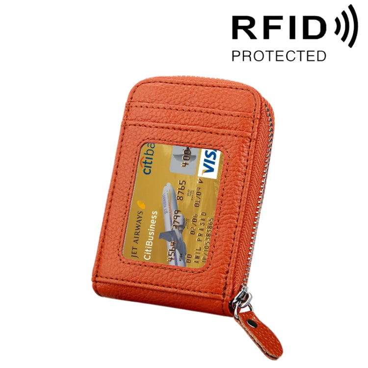 Orange genuine cowhide leather vertical card holder wallet with zip and card window