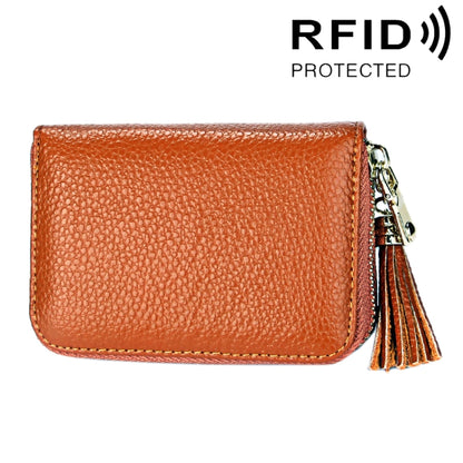 Brown genuine leather zipper card holder wallet with tassel, front view