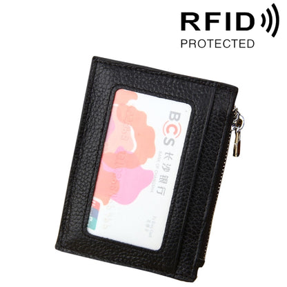Black cowhide leather card holder wallet with clear ID window and zipper