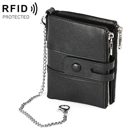 Black leather wallet with chain, double zippers, and front snap strap
