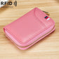 RFID ladies card wallet, pink textured leather look with zip and gold trim