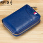 RFID ladies card wallet, blue textured leather look with zip and gold trim