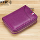 RFID ladies card wallet, purple textured leather look with zip and gold trim