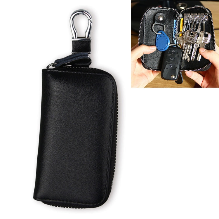 Black genuine leather zipper key pouch with metal key ring, slim front view