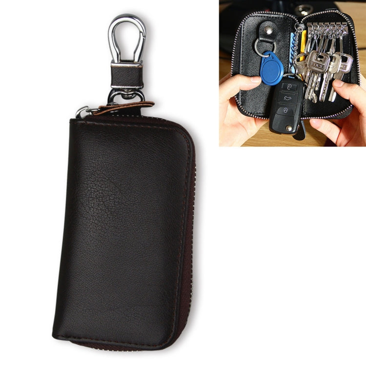 Dark brown genuine leather zipper key pouch with metal key ring, front view