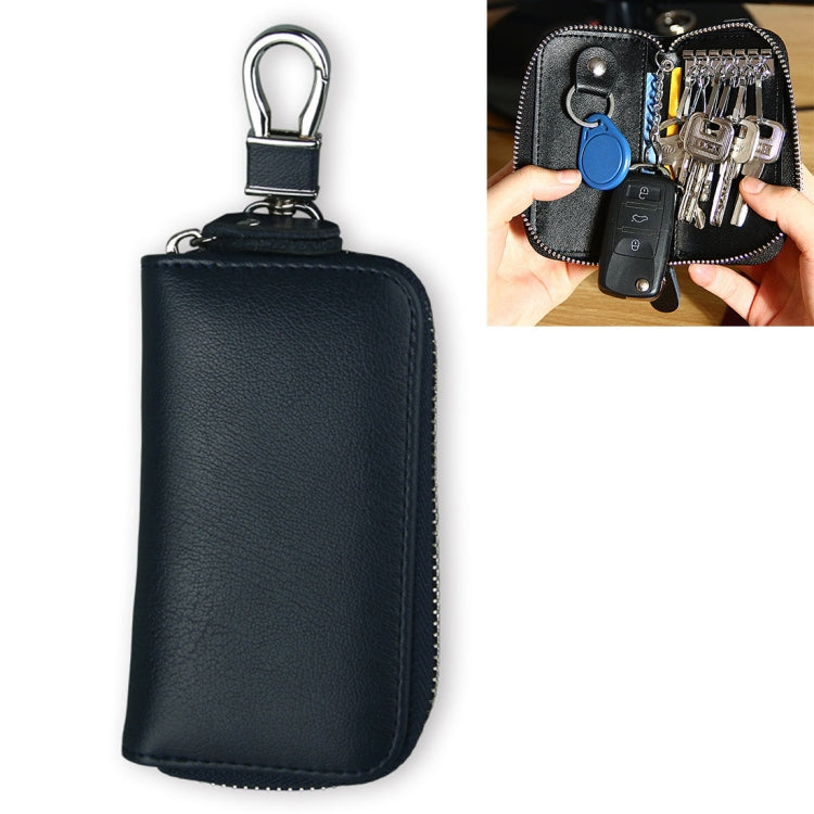 Black genuine leather zipper key pouch with metal key ring, side view