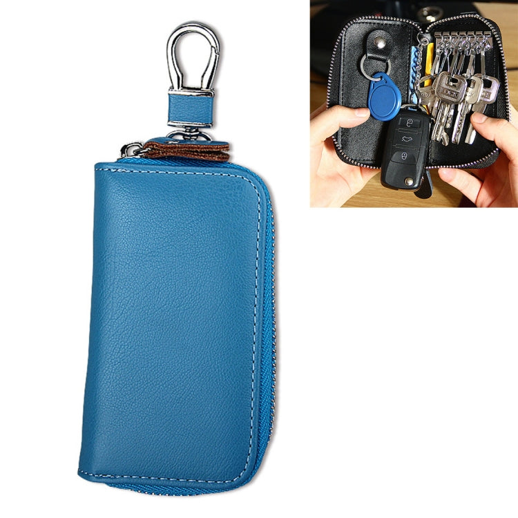 Blue genuine leather zipper key pouch with metal key ring and contrast stitching