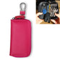 Magenta/red genuine leather zipper key pouch with metal key ring, front view