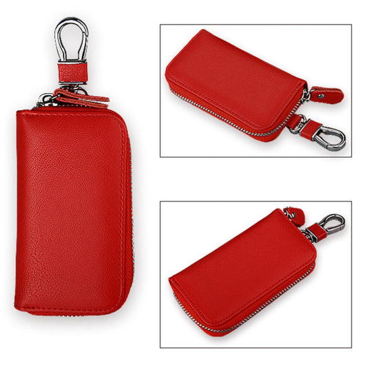 Red genuine leather zipper key pouch with key ring and zipper edge, angled views