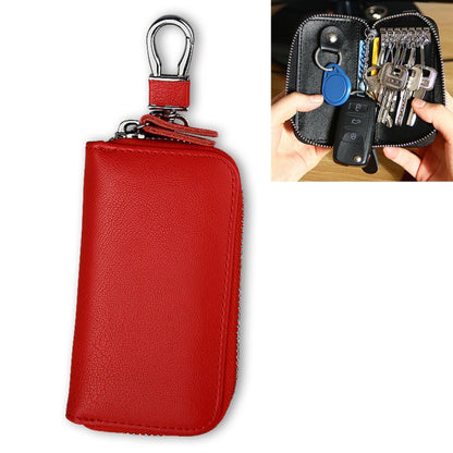 Red genuine leather zipper key pouch with metal key ring, front view