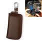 Brown genuine leather zipper key pouch with metal key ring, front view