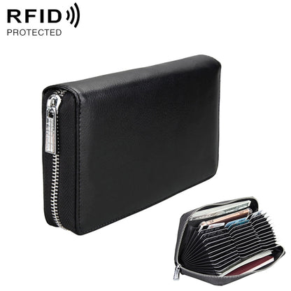 Black zip-around genuine leather passport wallet with card slots and RFID protection
